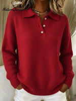 Classic Polo Neck Button-Down Solid Color Sweater Top
