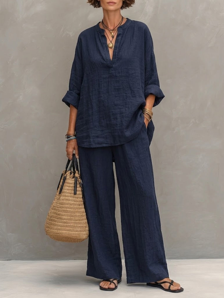 Women's Simple Navy Cotton-linen Set