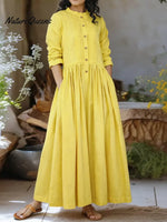 Women's Solid Color Stand-collar Long-sleeved Loose-fitting A-line Cotton Dress