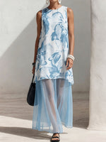 Women's Abstract Print Round-neck Sleeveless Casual Loose-fit Cotton, Linen & Chiffon Patchwork Dress