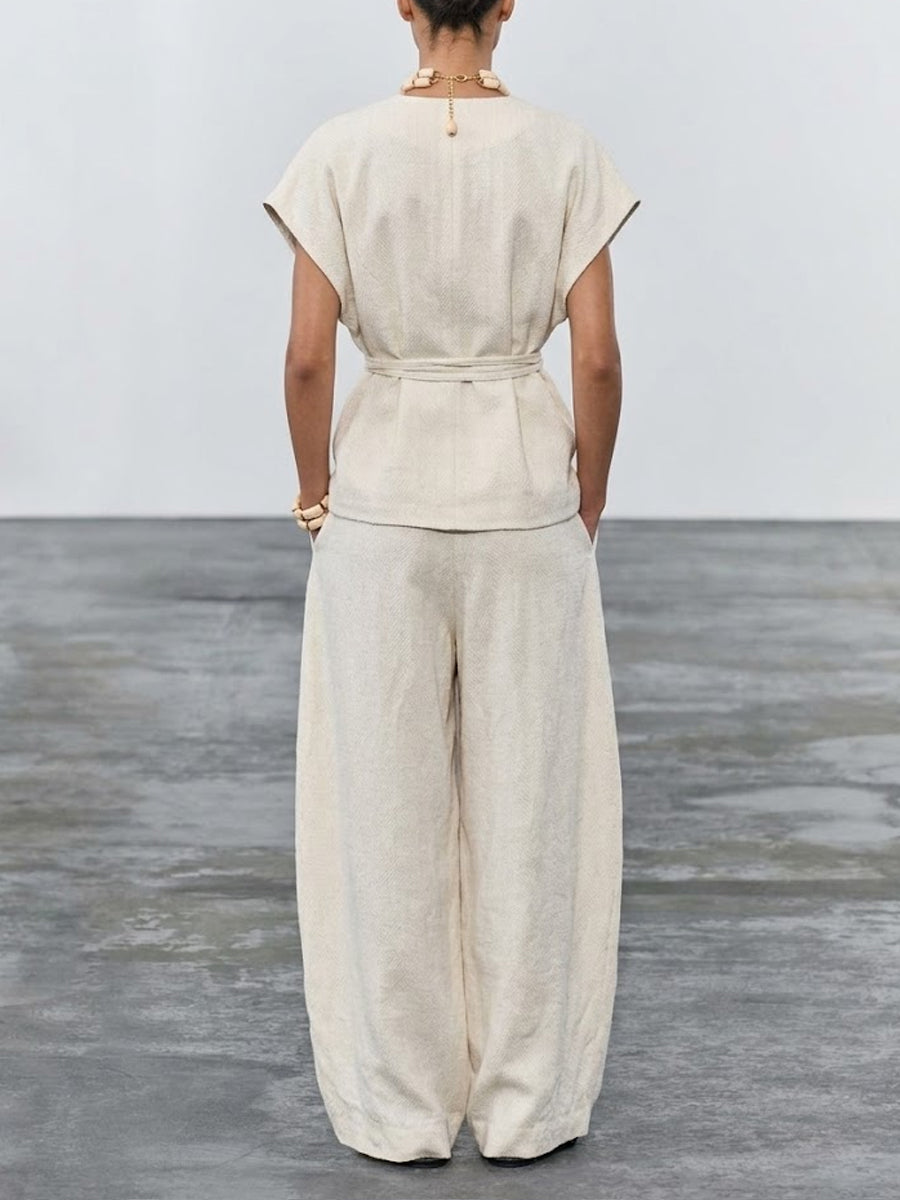 Women's Simple High-end Waist-cinching Cotton And Linen Set