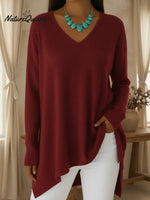 Basic Casual V-neck Irregular Hem Sweater