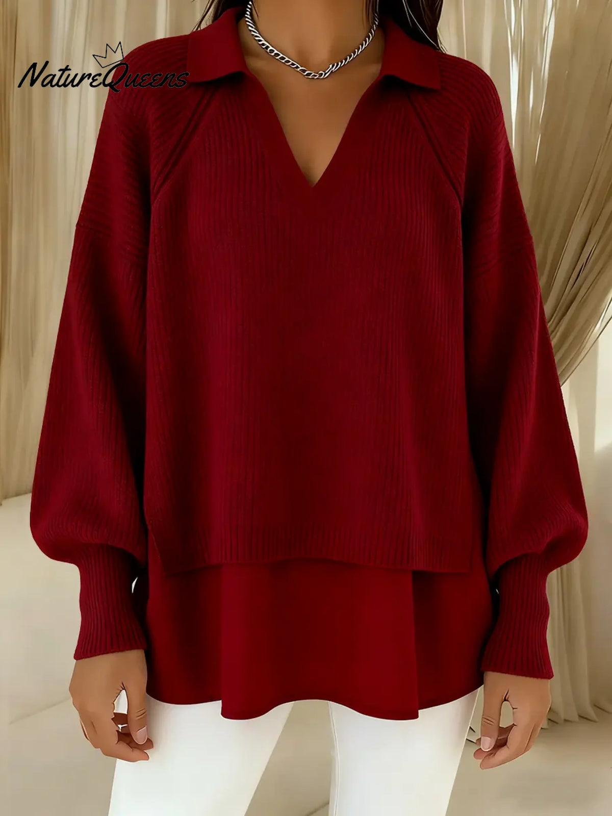 Women's Solid Color V-neck Long Sleeve Casual Loose Knitted Patchwork Top