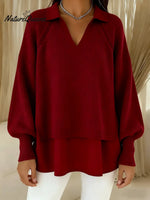 Women's Solid Color V-neck Long Sleeve Casual Loose Knitted Patchwork Top