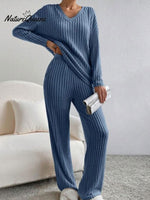 Women's Solid Color Casual Straight Leg Pants Loose V-neck Knit Set