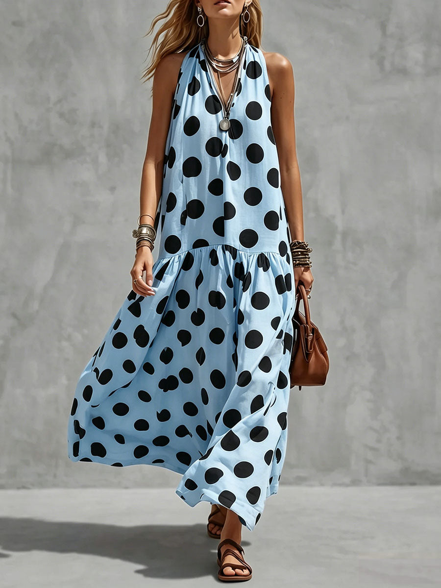 Women's Polka Dot Print V-neck Sleeveless Casual Loose Cotton-linen Dress