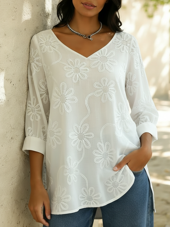 Casual Loose-fitting Floral Embroidery Cotton Shirt Blouse