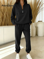 Women's Solid Color Cardigan Collar Long Sleeve Casual Loose-fitting Sweatshirt With Elastic Waist And Jogger Pants Set