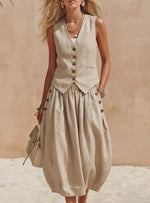 Linen Sleeveless Vest + Tulip-hem Lantern Skirt Two-piece Set