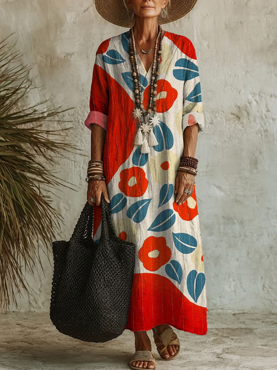 Women's Flower Print Casual Cotton-linen Maxi Dress
