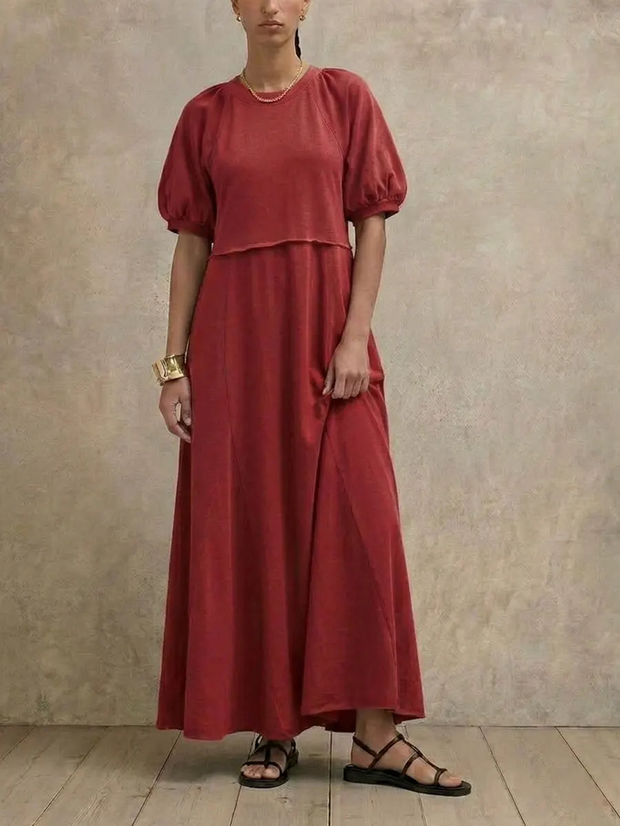 Vestido midi maxi de manga corta con corte relajado y mangas raglán, vestido casual de verano con vuelo y corte en A de color liso.