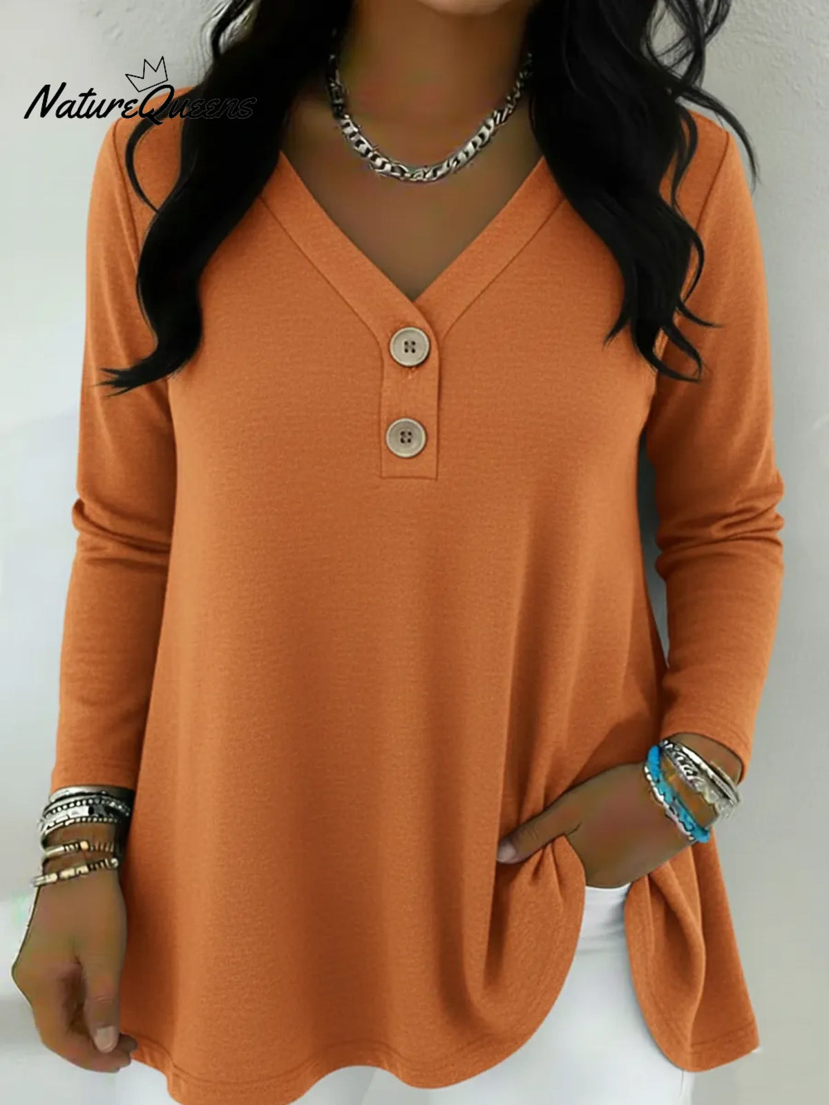 Women's Basic V-neck Button-up Cotton T-shirt