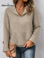 Women's Solid Color V-Neck Long Sleeve Casual Loose Sweatshirt