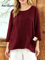Women's Solid Color Round Neck 3/4sleeved Casual Loose Cotton And Linen Top