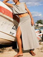 Women's Solid Color Art Stylish Casual Top And Skirt Cotton Two-piece Set