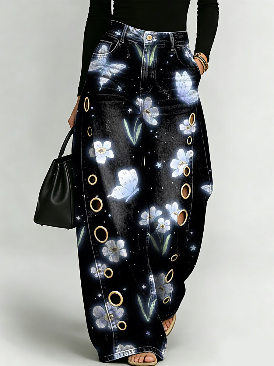 Dreamlike Floral And Butterfly Decorative Patterns Women's Casual Denim Pants