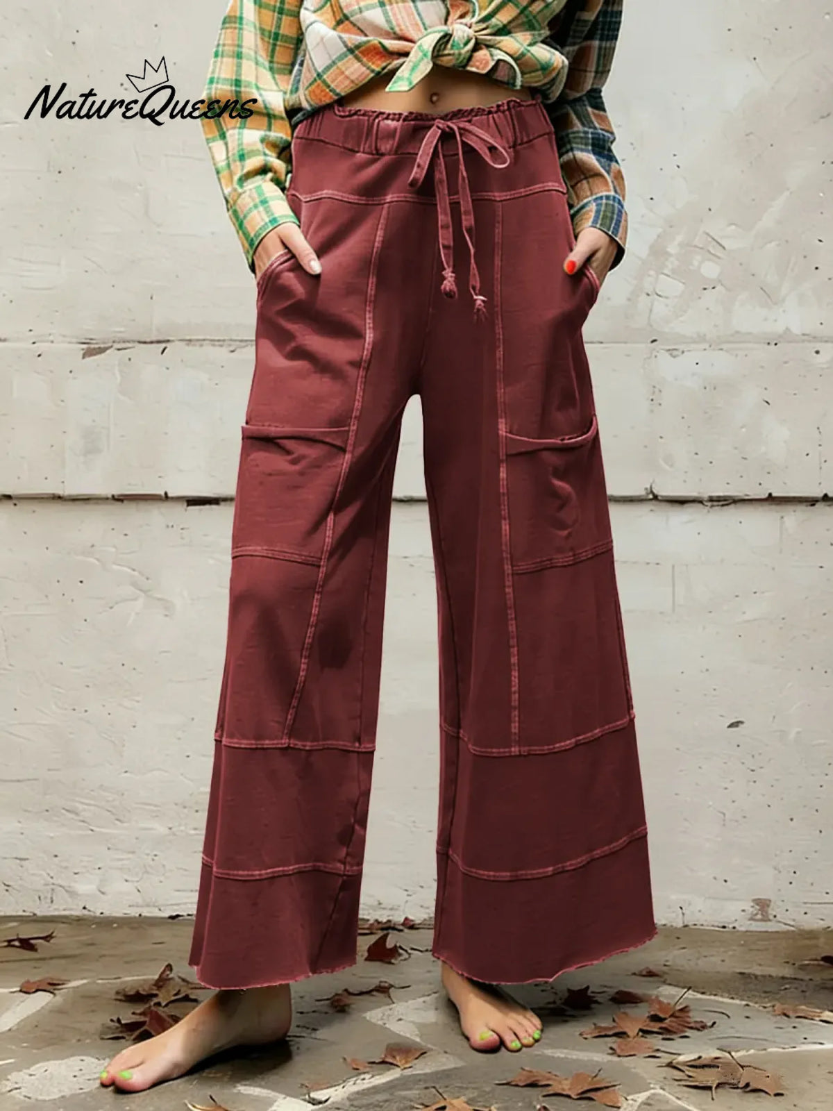 Women's Solid Color High-waisted Drawstring Wide-leg Pants Made Of Cotton And Linen Blend.
