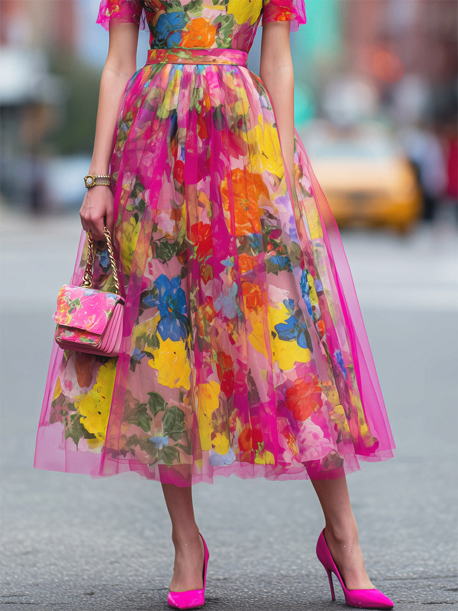 Women's Fashion Floral Art Print Casual Stylish Short Sleeve Comfortable Dress