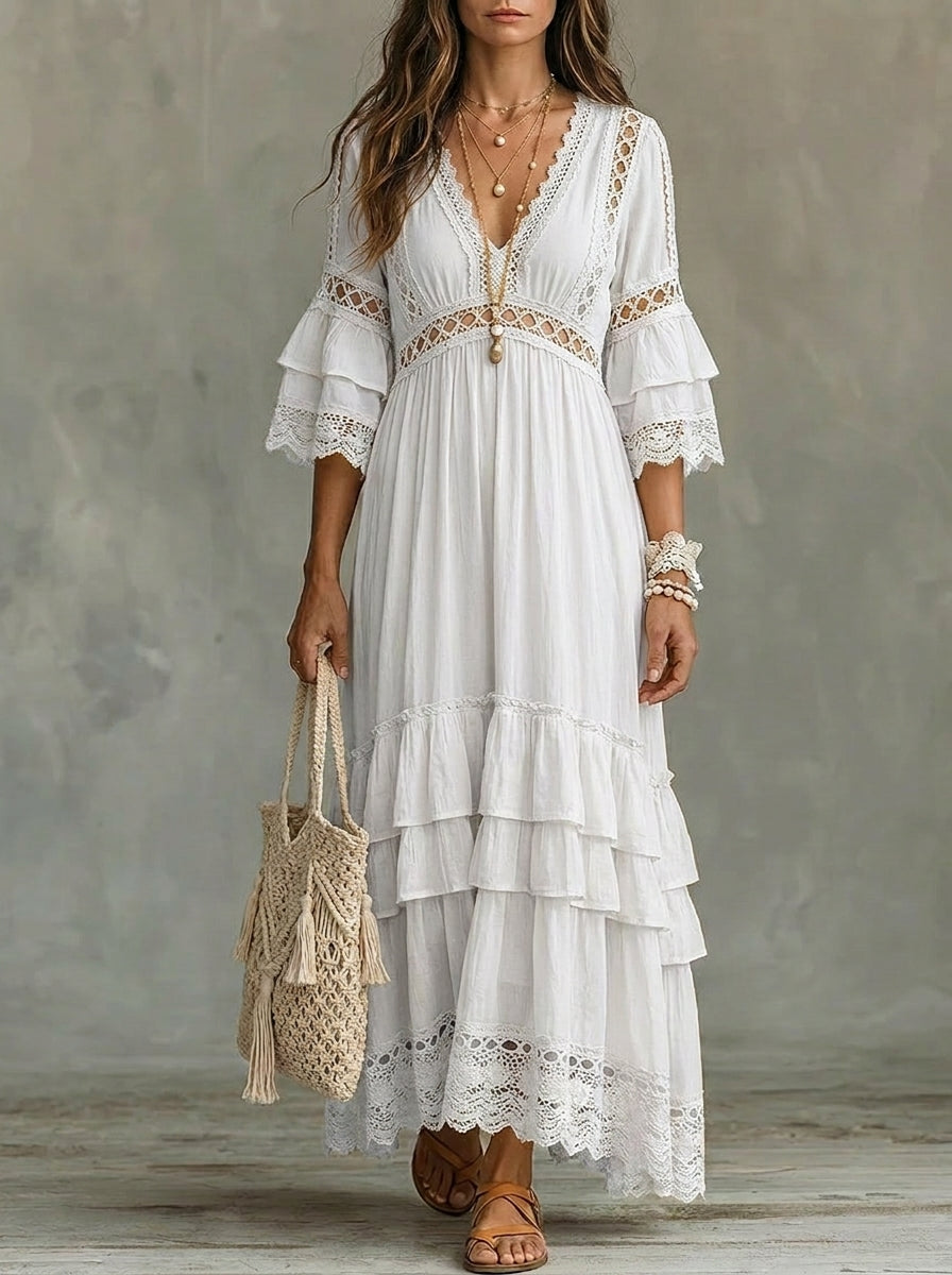 Women's Three-quarter Sleeves Ruffled Cutout Details Maxi Dress