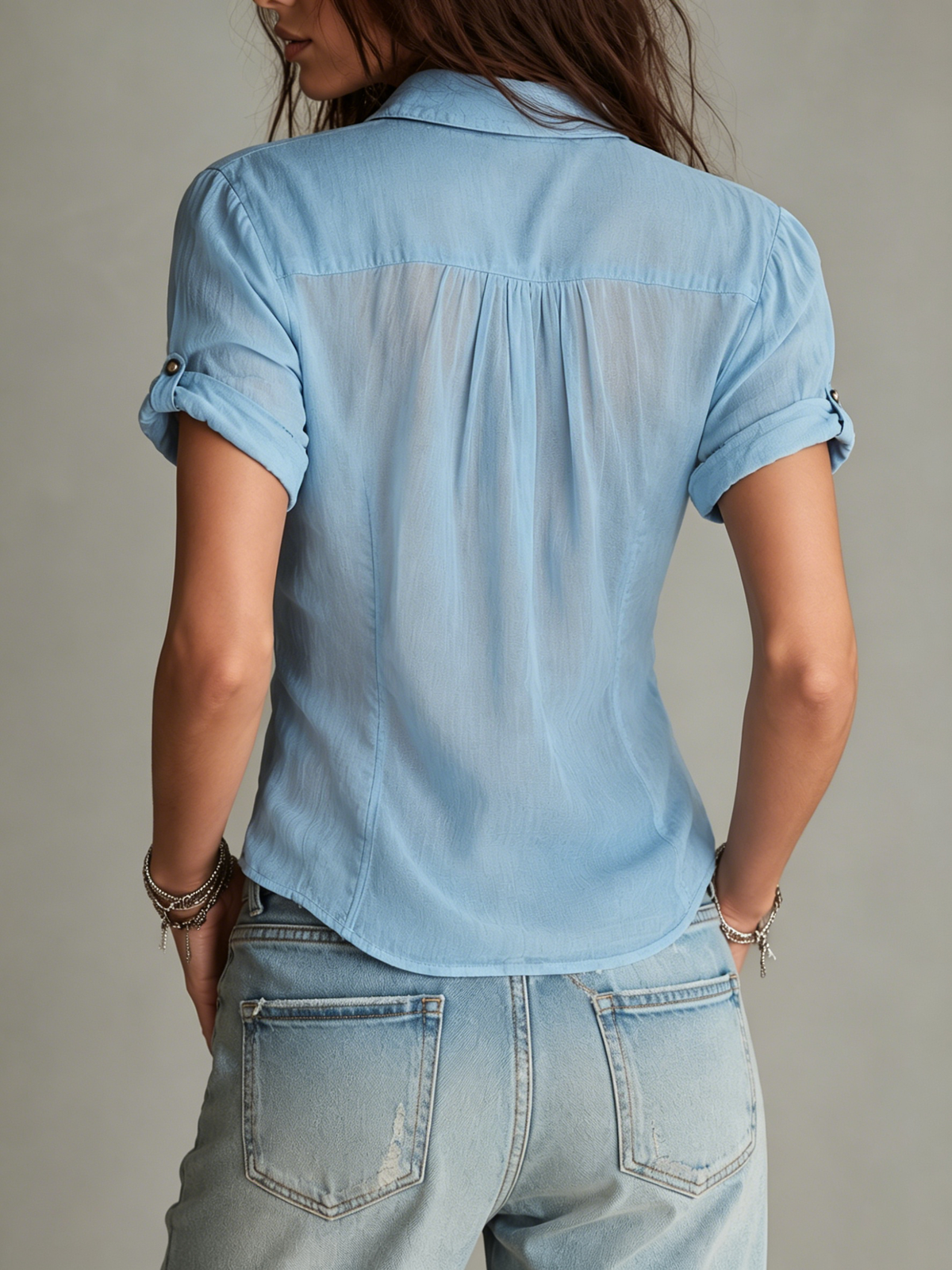 Lace-paneled, Distressed, Short-sleeve Cotton Shirt With Turn-down Collar