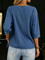 Women's Loose And Comfortable Mid-length Sleeves Round Neck Denim Shirt