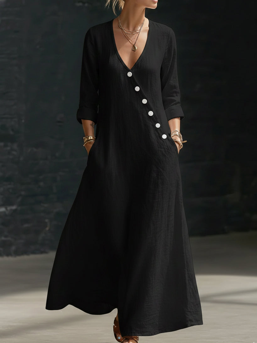Minimalist Button-up V-neck Linen Dress