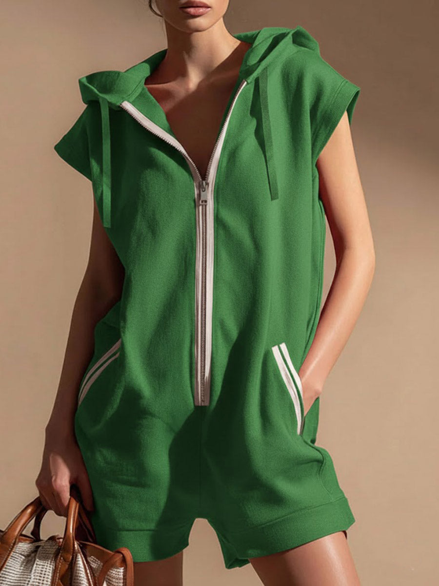 Women's V-neck Sleeveless Casual Loose Hooded Jumpsuit Shorts