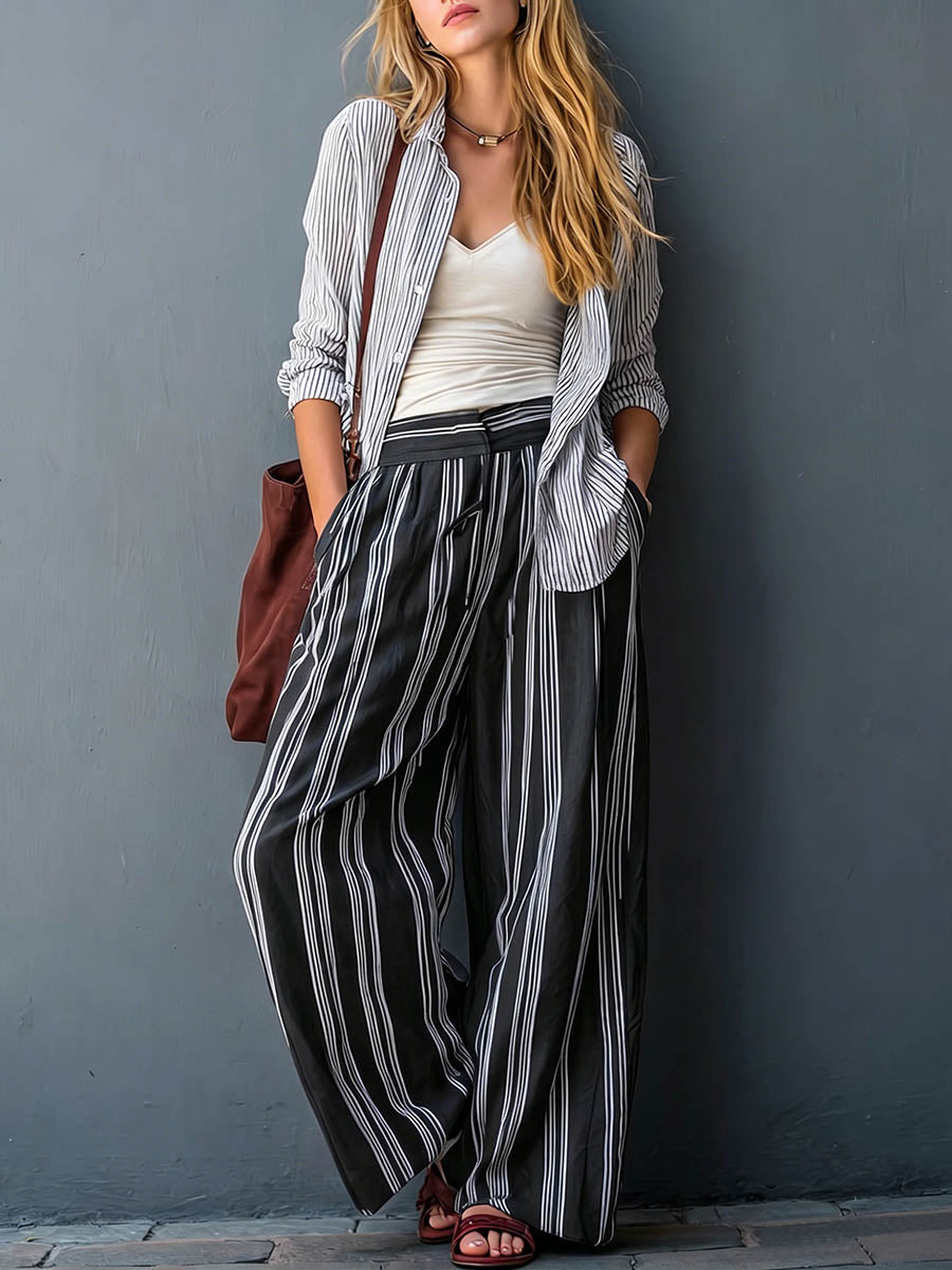 Women's Striped Print Cotton-linen Set: Casual Loose Long-sleeve Cardigan With Lapels & High-waisted Wide-leg Pants