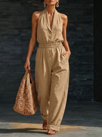 Elegant Cozy V-neck Button-up Loose Linen Jumpsuit