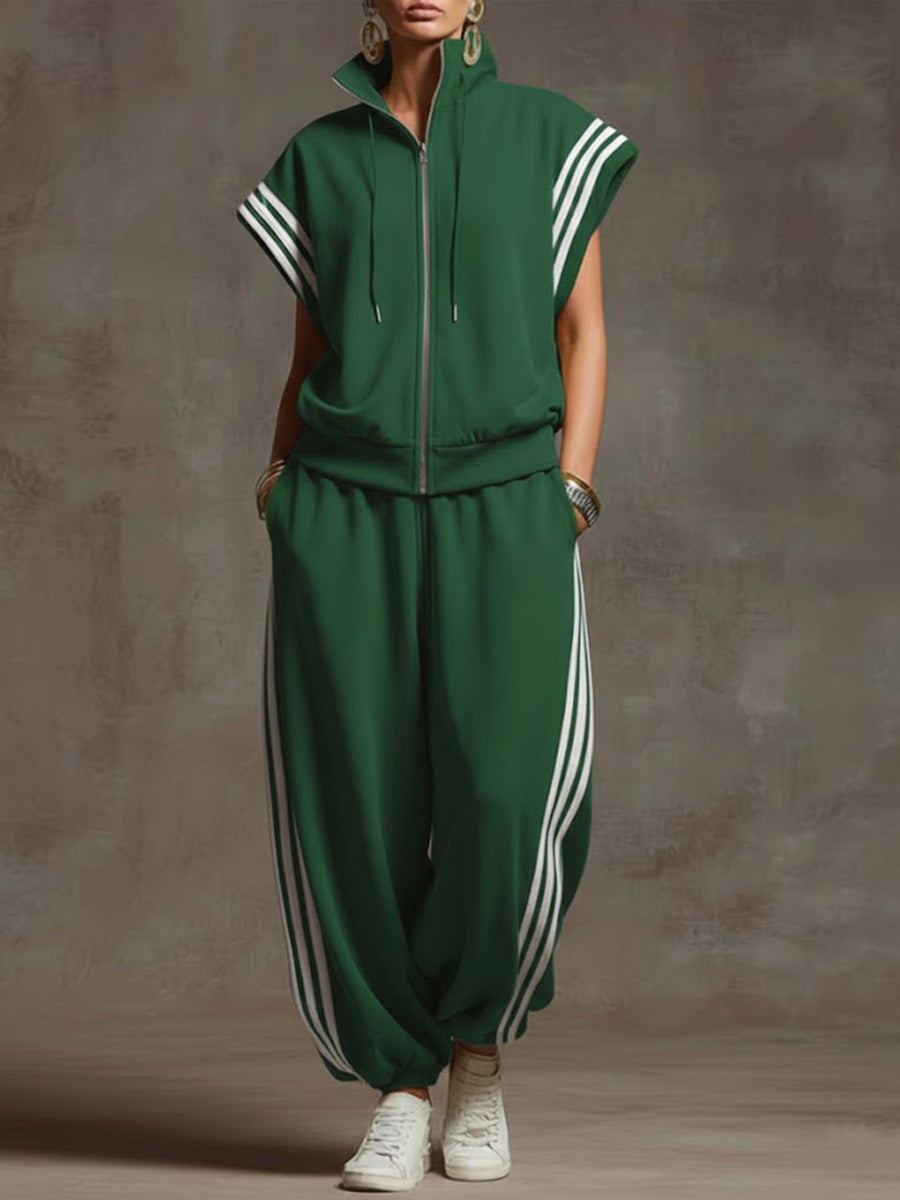 Women's Solid Color Stand-collar Short-sleeved Casual Loose Cotton Top And High-waisted Wide-leg Cotton Pants Set.