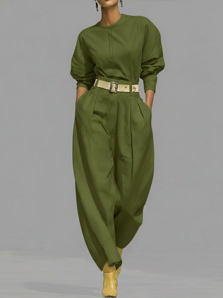 Casual Linen And Cotton Crew-neck Shirt And High-waisted Tapered Trousers Two-piece Set.