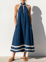 Cotton-linen Color-block Halter Midi Dress