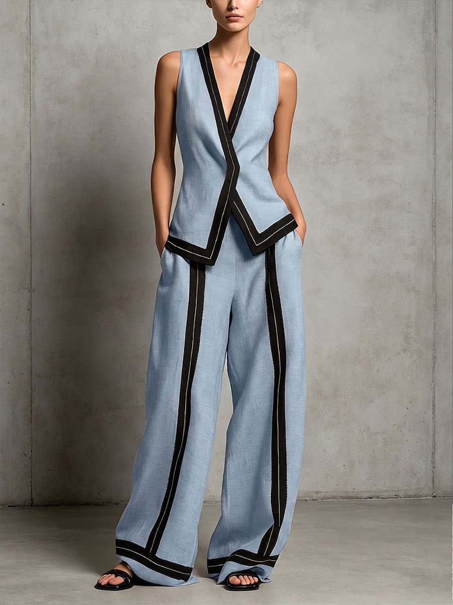 Women's Casual Loose Cotton-linen Set: V-neck Sleeveless Top & High-waisted Wide-leg Pants