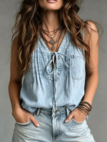 Women's Lace-up Casual Patchwork Denim Top