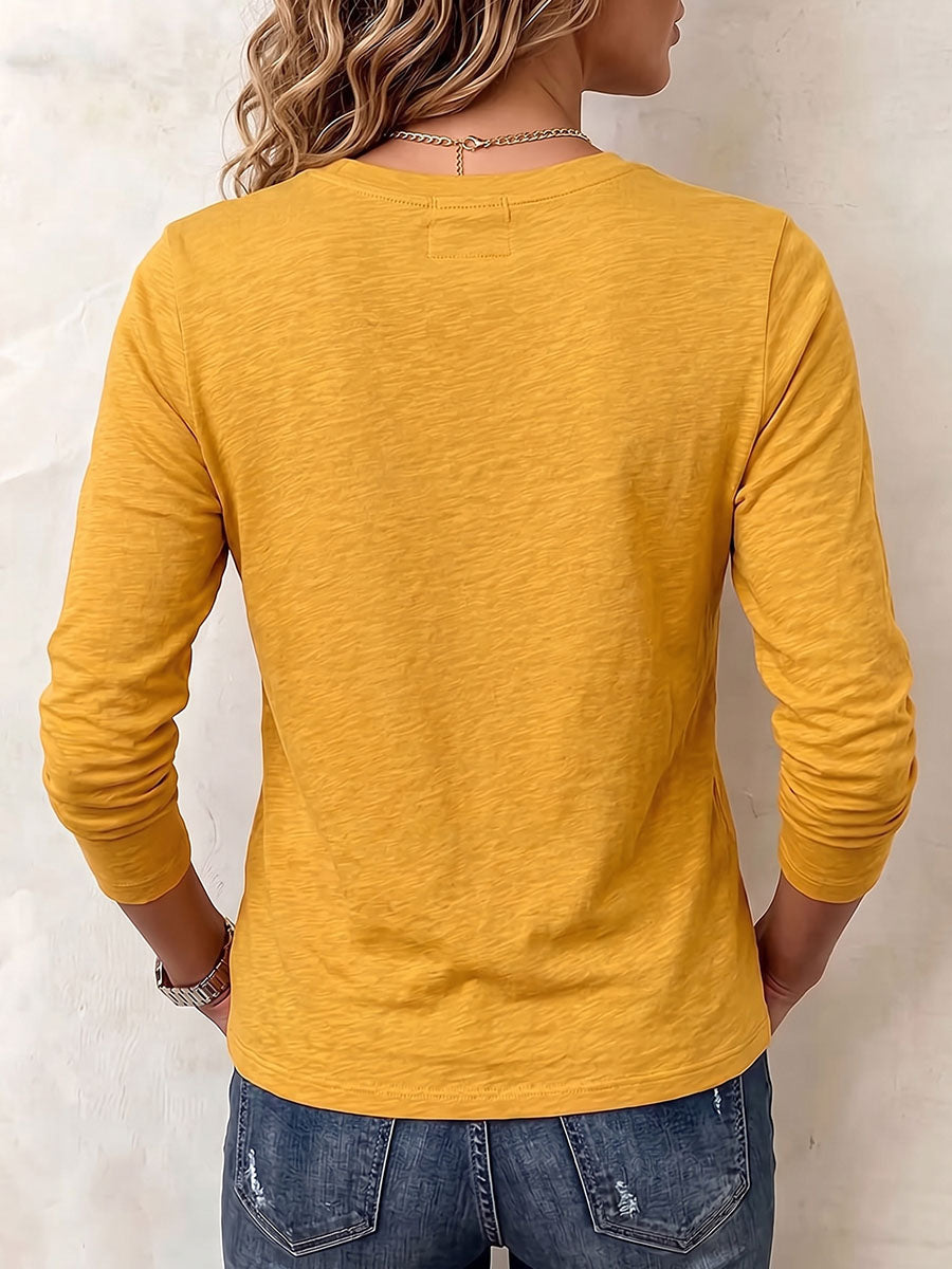 Women's Solid Color Round Neck Long-sleeved Casual Loose Cotton Tie Top