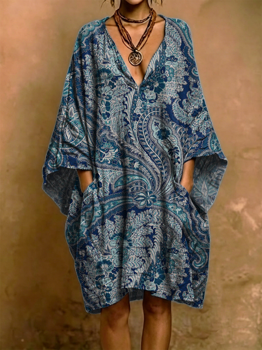 Elegant Floral Paisley Decorative Pattern Woman's V Collar Short Sleeve Cotton Linen Dress