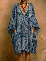 Elegant Floral Paisley Decorative Pattern Woman's V Collar Short Sleeve Cotton Linen Dress