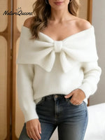 Women's Solid Color V-Neck Long Sleeve Casual Loose Bow Knit Sweater