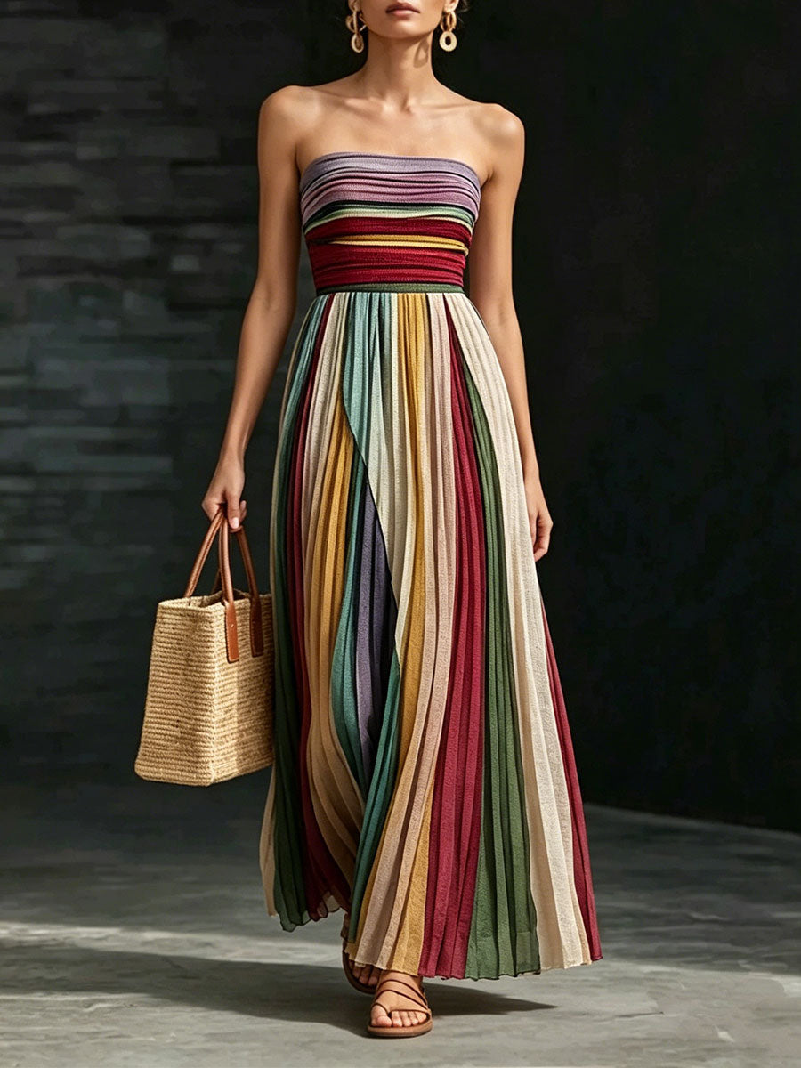 Women's Strapless Pleated Multi-color Patchwork Maxi Dress