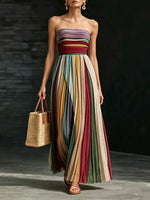 Women's Strapless Pleated Multi-color Patchwork Maxi Dress