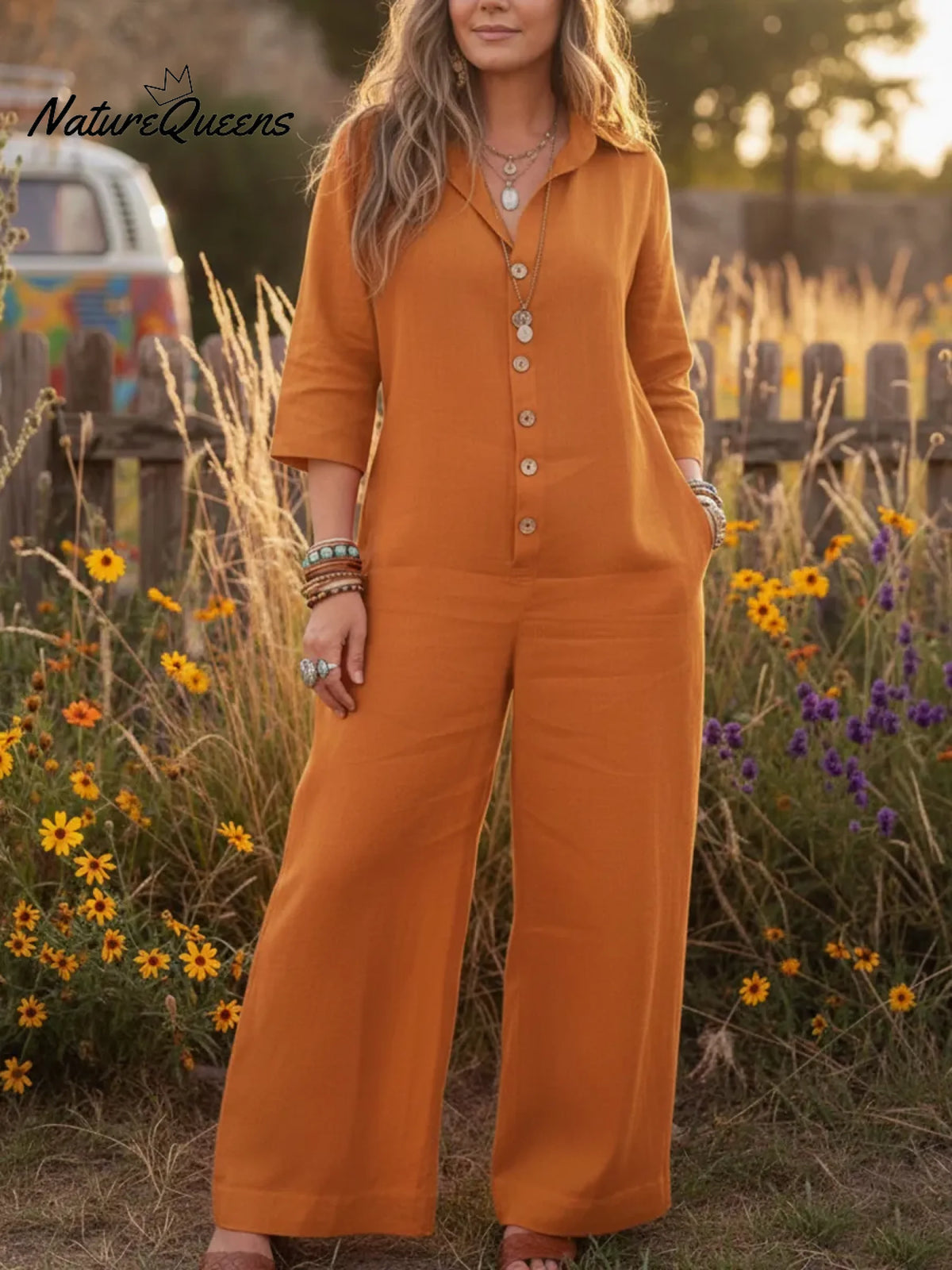 Women's Cozy Loose Collar Button-up Linen Jumpsuit