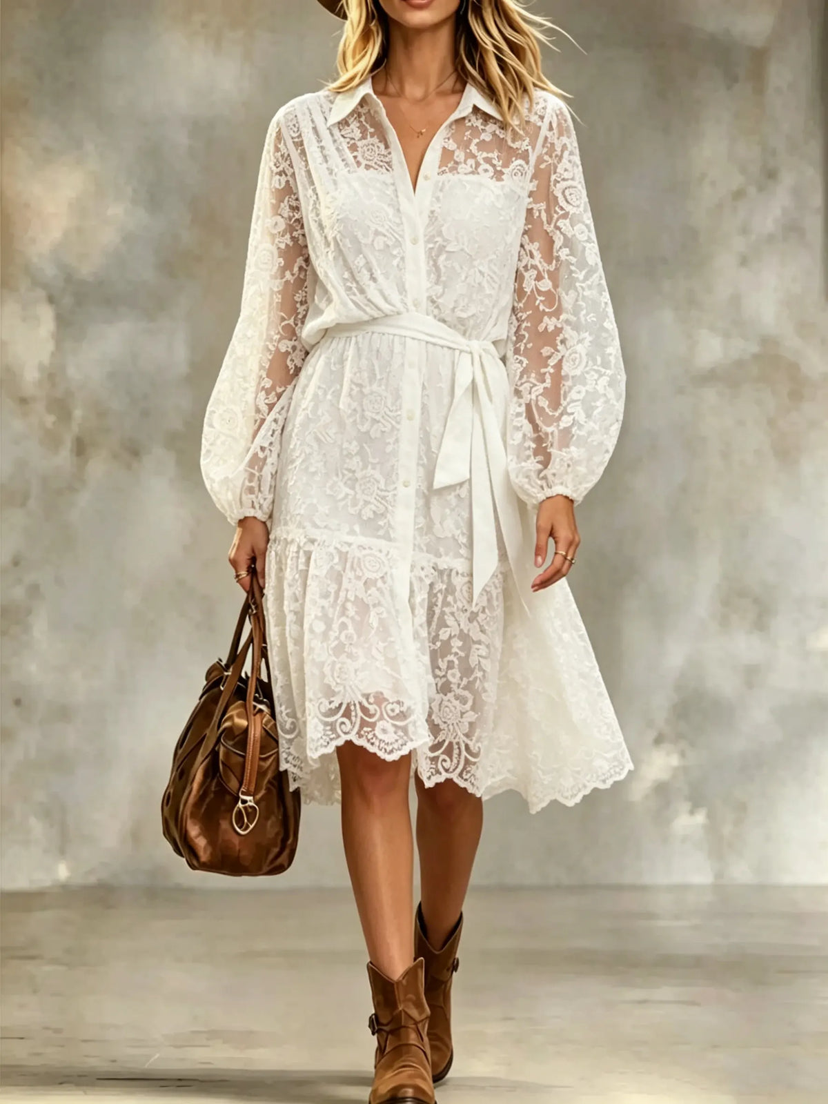 Elegante vestido camisero de encaje floral para mujer con mangas largas abullonadas y cinturón.