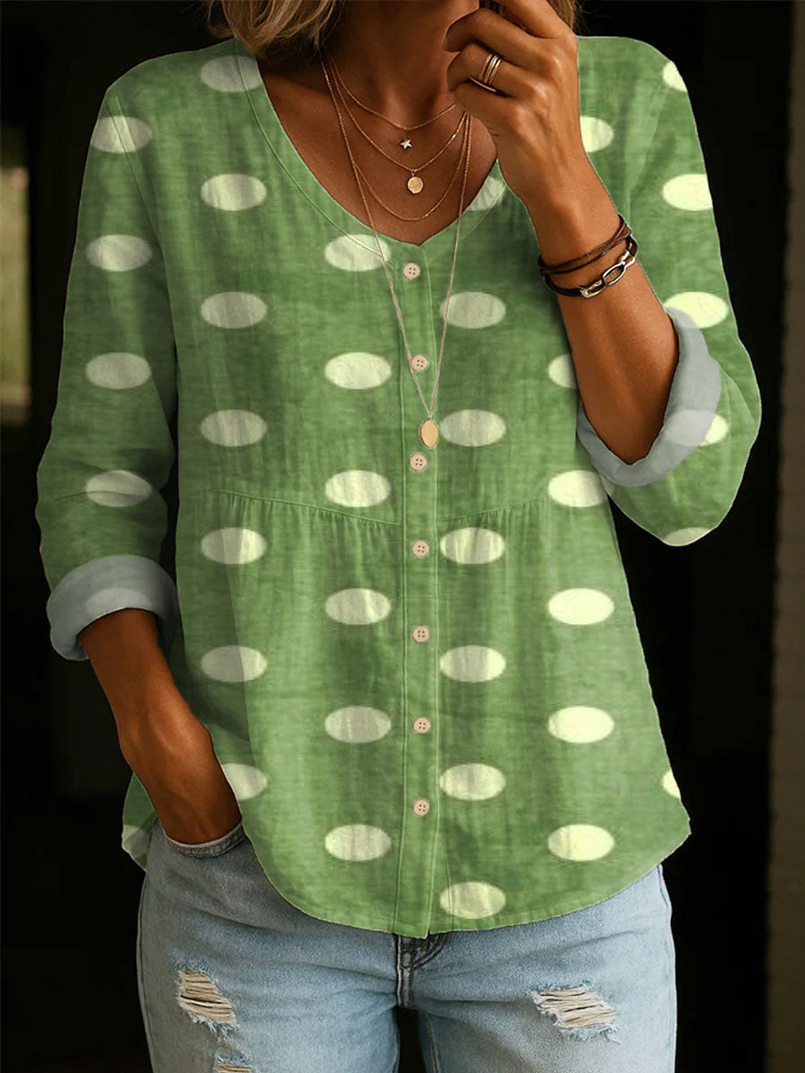 Retro Polka Dot Print Long-sleeve Button-down Shirt
