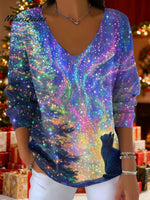 Women's Neon Lights Christmas Tree Cat Aurora Pattern Art Print V-neck Solid Color Loose Shiny Sweater
