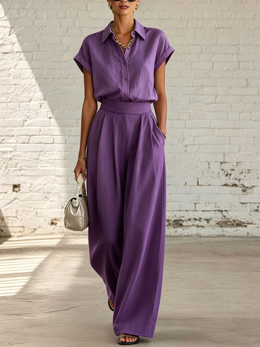 Women's Casual Solid-color Shirt & Wide-leg Pants Two-piece Set