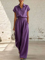 Women's Casual Solid-color Shirt & Wide-leg Pants Two-piece Set