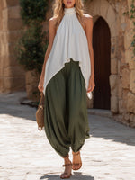 Women's Cotton-linen Set: Stand-collar Sleeveless Loose-fit Top & High-waisted Wide-leg Pants