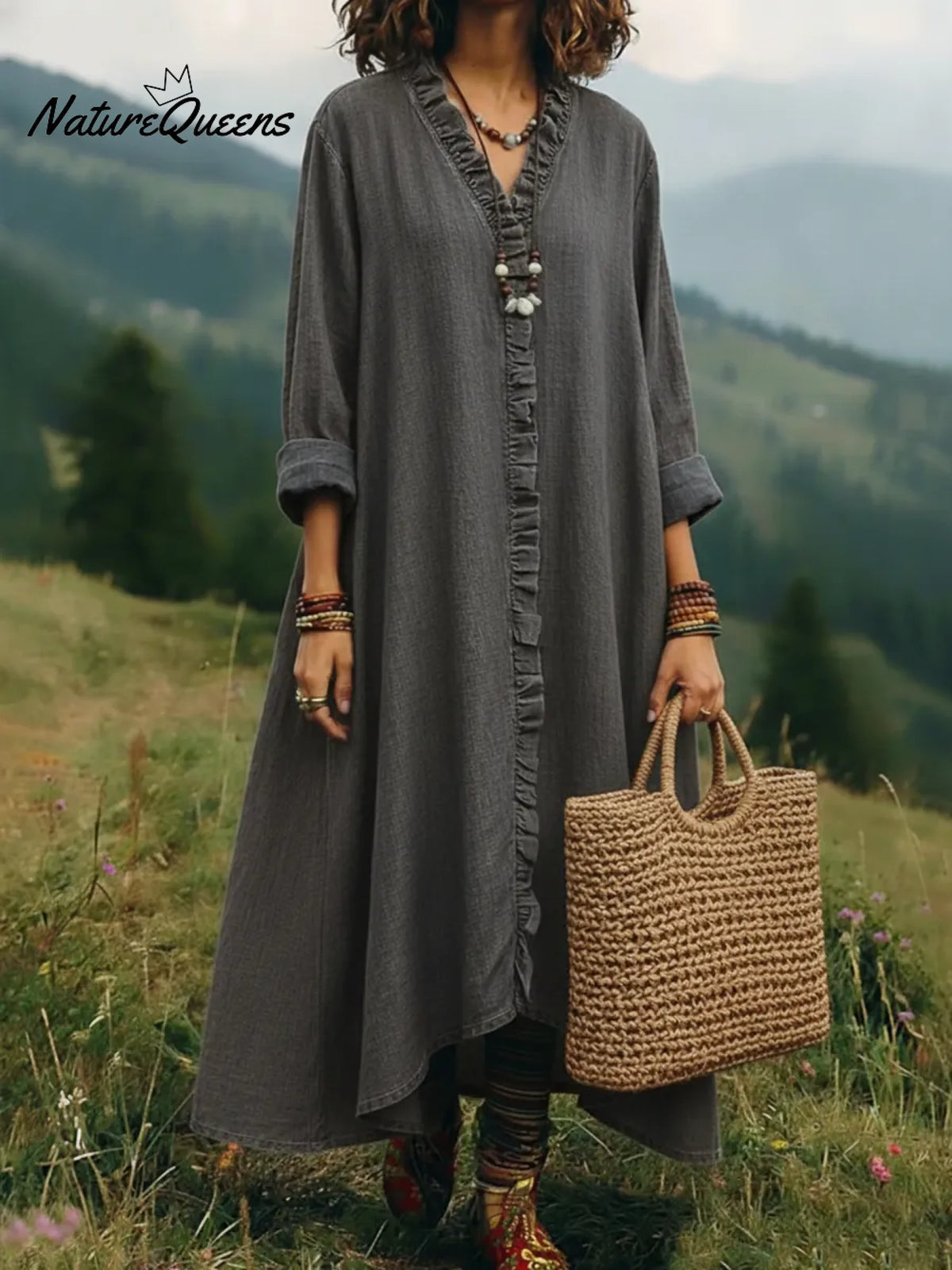 Boho Style Casual Lace V-neck A-line Cotton Dress