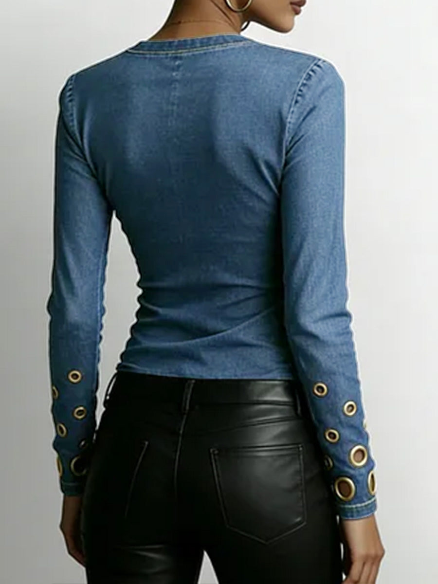 Women's Denim-look V-neck Long-sleeved Casual Loose-fitting Top