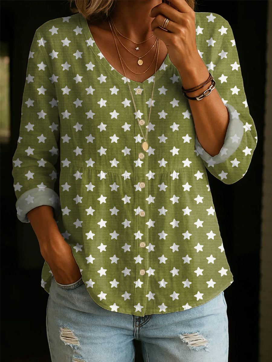 Women's Vintage Star Art Print Linen-cotton Shirt